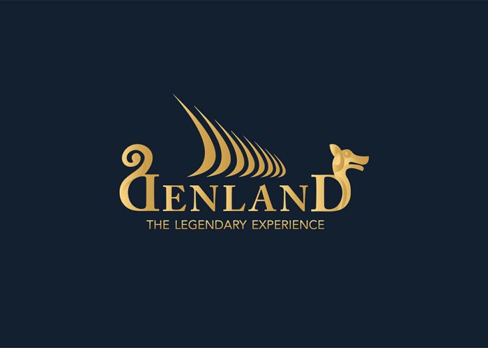 gold Denland logo on navy background and tagline presentation